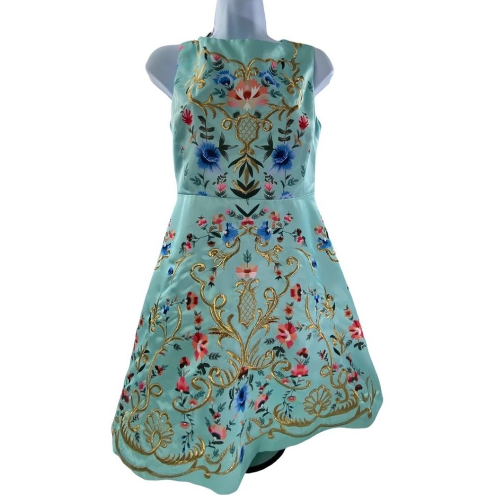 NWOT Sky Blue Embroidered Floral A-line Sleeveless Satin Sundress size Small